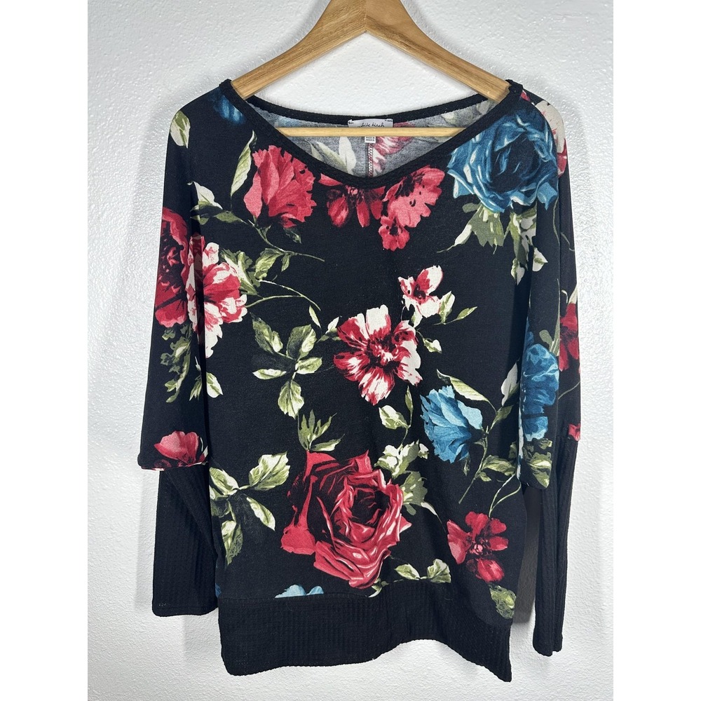 White Birch Sweater Womens Medium Black Floral Boat Neck Dolman‎ Knit Pullover